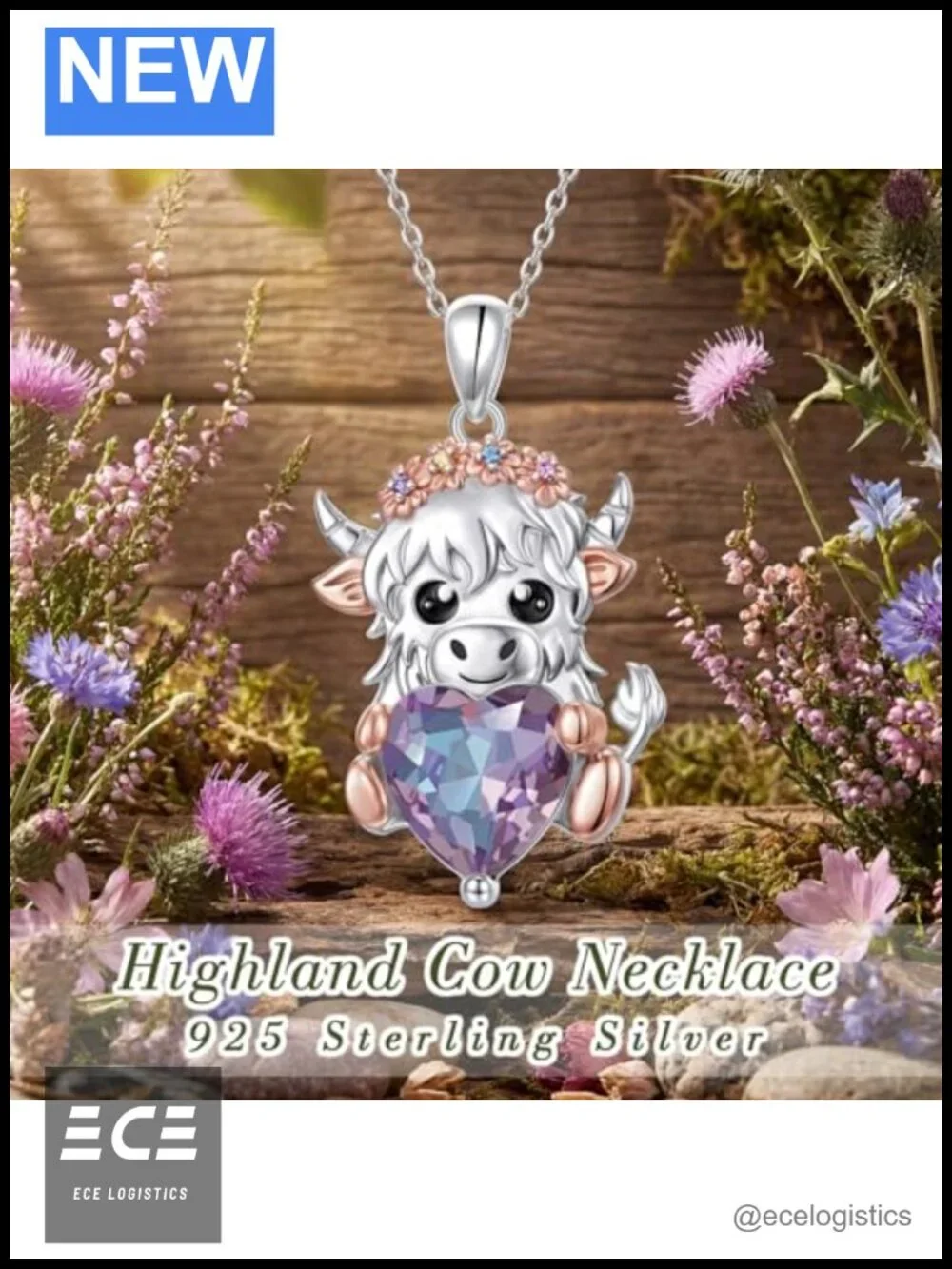 925 Sterling Silver Highland Cow Heart Birthstone Pendant Necklace 18in